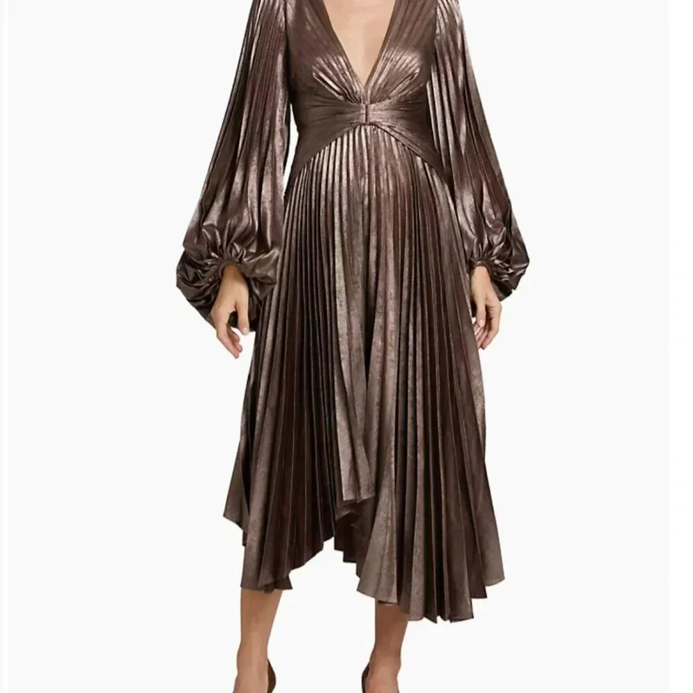 Acler Palms Pleated Satin Midi-Dress Coffee Metallic - Picture 2 of 6
